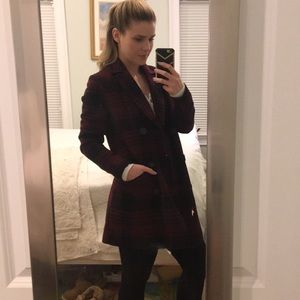 Dark red and black plaid wool peacoat